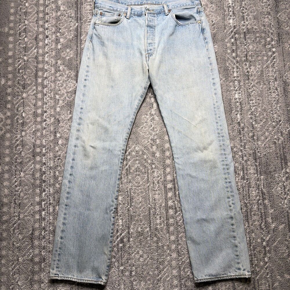 Levis 501 Jeans Mens 35x34 Medium Wash Blue Straight Leg Button Fly Distressed